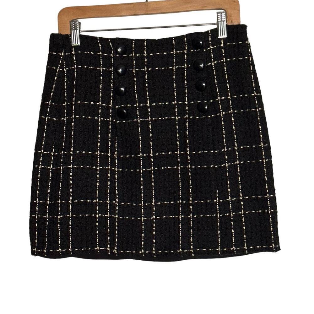 Slate & Willow Black White Plaid Checkered Pattern Skirt Black Buttons size 10